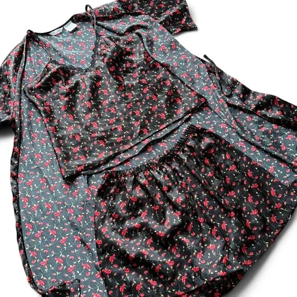 Secret Treasures Size M Set of 3 Cherry Print cami, shorts & robe (red & black) - Picture 2 of 8